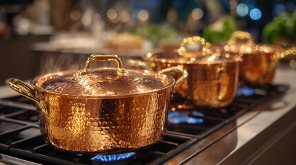 Polished copper pots and pans resting on a black gas stove, warm kitchen light reflecting off their hammered surfaces, gentle steam rising, soft background blur of a modern kitchen