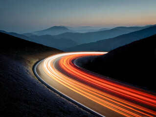 Long exposure photograph of a winding mountain road illuminated by red and white light trails under a dusky sky with layered blue mountain silhouettes in the backgro