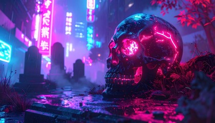 Cyberpunk Graveyard Scene with Glowing Skull and Neon Lights.