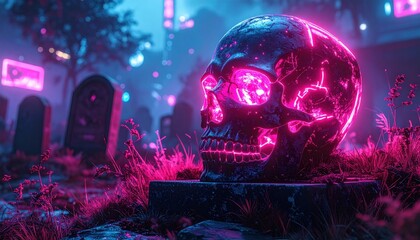 Cyberpunk Skull in Neon Cemetery at Night.