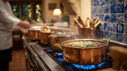 Rustic copper pots simmering gently on a farmhouse-style stove, steam rising softly, wooden utensils and tiled backsplash blurred in background, homely comfort and traditional cook