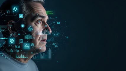 Middle-aged Caucasian businessman with digital data visualization and holographic interface elements surrounding his head on dark background.