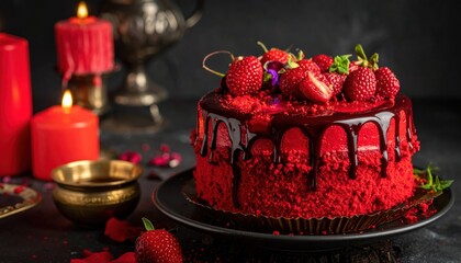 Delicious red velvet cake with chocolate drips and fresh berries.