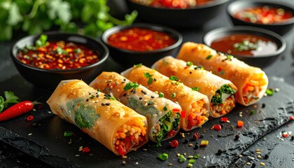 Delicious Spring Rolls with Dipping Sauces on a Black Slate.