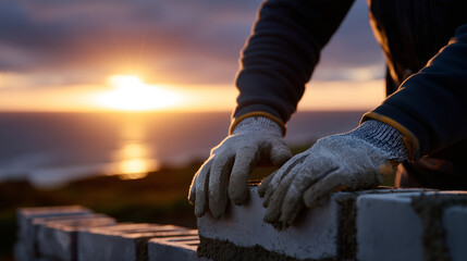 Hands in rugged work gloves laying bricks on a rising wall at sunset, wide-angle composition showing repeating brick pattern, sun low on the horizon creating long shadows, atmosphe