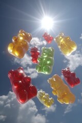 Vibrant colorful gummy bears soaring through a bright sunny sky, backlit by sunshine with fluffy white clouds in a cheerful burst of candy delight