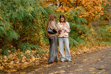 Fototapeta premium Two friends stand closely together, sharing a moment while walking along a path surrounded by vibrant autumn foliage. The air is crisp, and the ground is covered in leaves.
