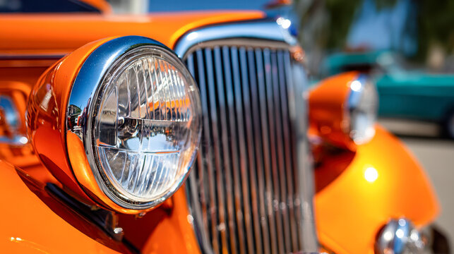 Bright orange vintage automobile with shiny chrome details highlighting its round headlight and classic front grille on a sunny day display