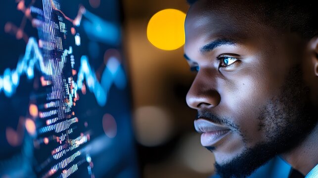 Young African American male trader analyzing financial data on computer screen with glowing charts and graphs in modern trading office environment. - Powered by Adobe