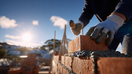 Construction workerâs gloved hands stacking red bricks on a partially built wall, mortar freshly spread, sun flaring at the edge of the frame, dust and grit visible, strong sense o