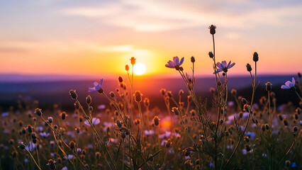 Beautiful sunset over field with purple wildflowers