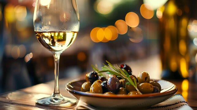A small dish of olives served with a glass of wine