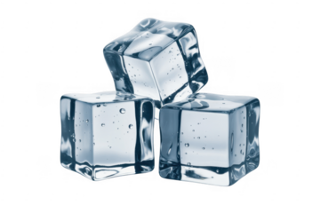 Three clear ice cubes with water droplets isolated on a transparent background