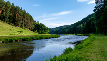 Winding River Through Lush Green Forested Hills Under Blue Sky Keywords: river, water, stream