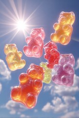 Vibrant Assortment of Colorful Gummy Bears Floating Serenely in a Clear Sky with the Sun Shining Brightly in the BackgroundGummy bears