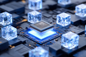 Advanced microprocessor surrounded by illuminated data blocks on circuit board