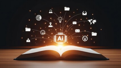 AI Knowledge Burst Open Book Unleashing Digital Icons with Glowing Future.