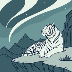 A majestic wild Bengal tiger with black stripes and white fur prowls through the winter snow, a powerful feline predator captured in a stylized wildlife nature illustration