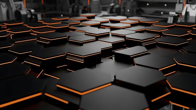 Futuristic Hexagonal Grid with Orange Neon Illumination - Powered by Adobe