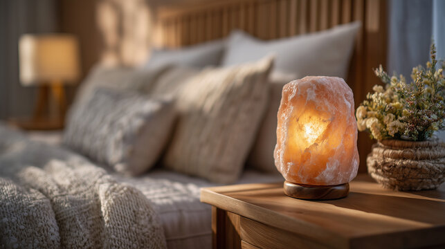 Softly glowing Himalayan salt lamp standing on a wooden bedside table, warm amber light diffusing across bed linens, calm evening atmosphere, minimal bedroom decor, gentle shadows