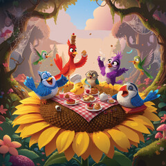 A funny cartoon illustration of a red monster and a lion playing near a Christmas tree with a giraffe and elephant in a nature zoo art vector