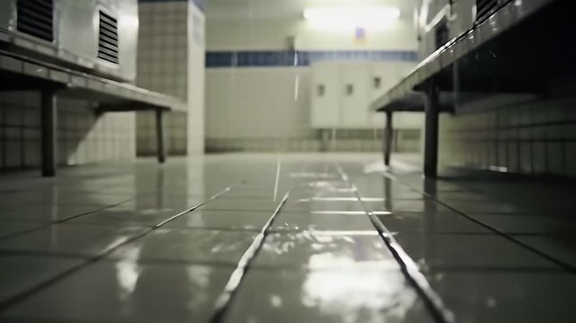 Eerie Low Angle View of a Flooded Locker Room with Dim Lighting and Reflective Tile Floor