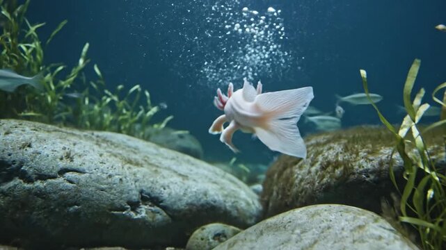 Pale axolotl with long gills swims in rocky aquarium environment