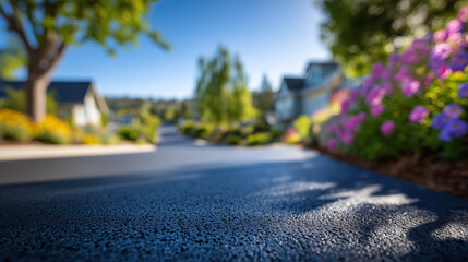 Detailed close-up of rough asphalt pavement under bright daylight, subtle imperfections and pebbles visible, sunlight and tree shadows add contrast, peaceful suburban street with g