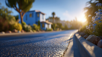 Low-angle macro view of an asphalt street in a quiet neighborhood, textured surface in sharp focus, sunlit shadows add depth, peaceful suburban homes and lush trees visible softly