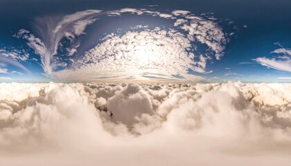 Panoramic view of fluffy clouds and blue sky, a serene atmosphere.