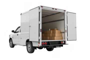 White delivery truck with open back doors and cardboard boxes isolated on a transparent background