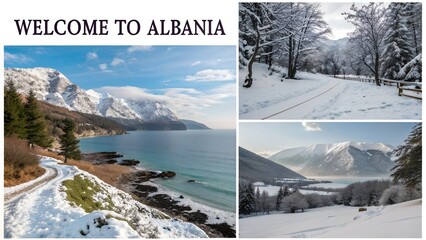 Albania snowy winter collage nature landscape travel tourism destination Europe vacation advertising promotion mountains rivers forests text welcome to albania travel gear journey Balkan poster