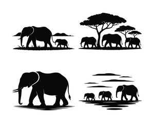 African elephant family, elephant desert silhouettes, elephant safari sunset silhouettes, rainforest river elephant vector design illustaration set collection, african elephant silhouette, © Rasel
