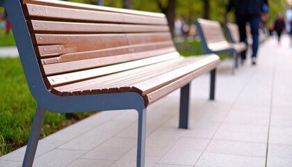 Park Bench on a Sunny Day with People Walking.