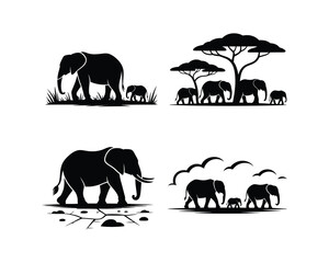 African elephant family, elephant desert silhouettes, elephant safari sunset silhouettes, rainforest river elephant vector design illustaration set collection, african elephant silhouette, © Rasel