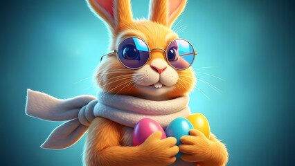 Cute Easter Bunny with Sunglasses Holding Colorful Eggs Vector Illustration