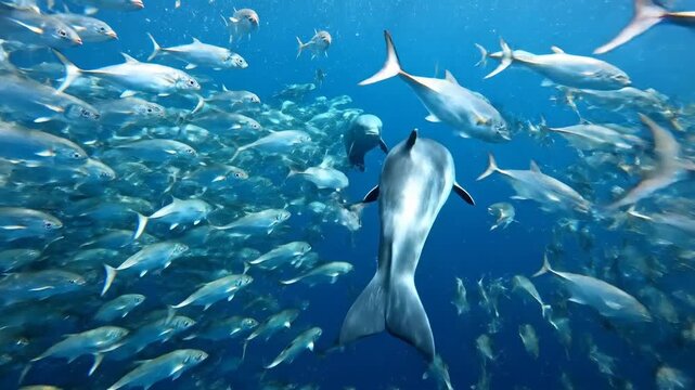 Porpoise darts through a silvery school of fish underwater