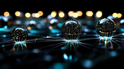 Three transparent glass spheres with digital network patterns reflecting futuristic technology and global connectivity concepts on dark surface with bokeh lights.