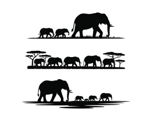 African elephant family, elephant desert silhouettes, elephant safari sunset silhouettes, rainforest river elephant vector design illustaration set collection, african elephant silhouette, © Rasel
