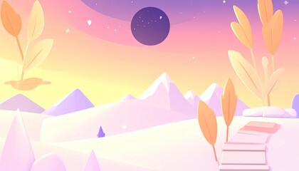 Pastel Dreamscape: Geometric Mountains, Celestial Orb, and Stylized Flora