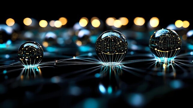 Three transparent glass spheres with digital network patterns reflecting futuristic technology and global connectivity concepts on dark surface with bokeh lights. - Powered by Adobe