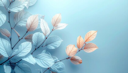 Pastel Leaves on Light Blue Background - A Serene Botanical Composition.
