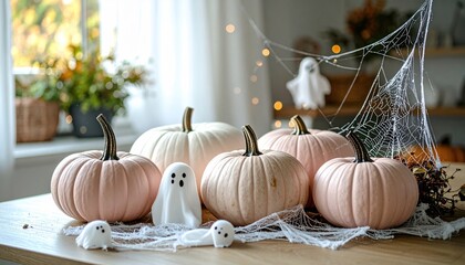 Pastel Pumpkins and Ghosts - A Charming Halloween Display.