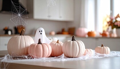 Pastel Pumpkins and Ghostly Decor - A Halloween Kitchen Scene.