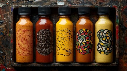 Unique collection of colorful sauces arranged on a rustic background for culinary delight