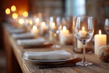 Elegant dinner setup with wine glasses and candles