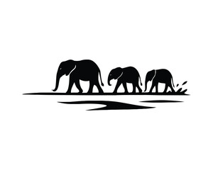African elephant family, elephant desert silhouettes, elephant safari sunset silhouettes, rainforest river elephant vector design illustaration set collection, african elephant silhouette, © Rasel