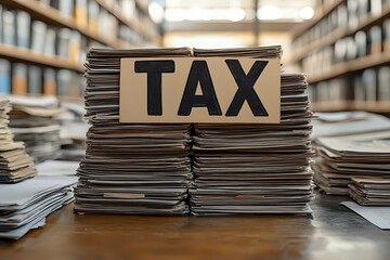 Stacks of tax documents and paperwork piled high on desk in busy office environment during tax season preparation and filing period.