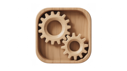 Wooden gear mechanism on a wooden tray gears isolated on a transparent background