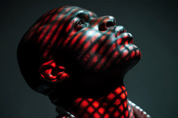 Adult person looking upwards with dramatic red light stripes and grid patterns illuminating rendered skin, an abstract 3D visual portraying technology or contemplative thought